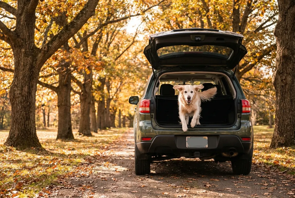 A senior golden retriever leaping into the back of an SUV
