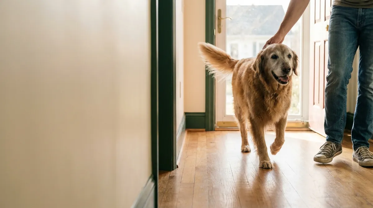A senior golden retriever trotting down the hallway to greet its owner at the door