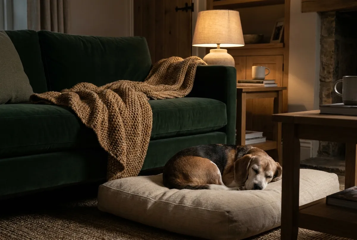 A senior beagle sleeping peacefully on a dog bed at dusk