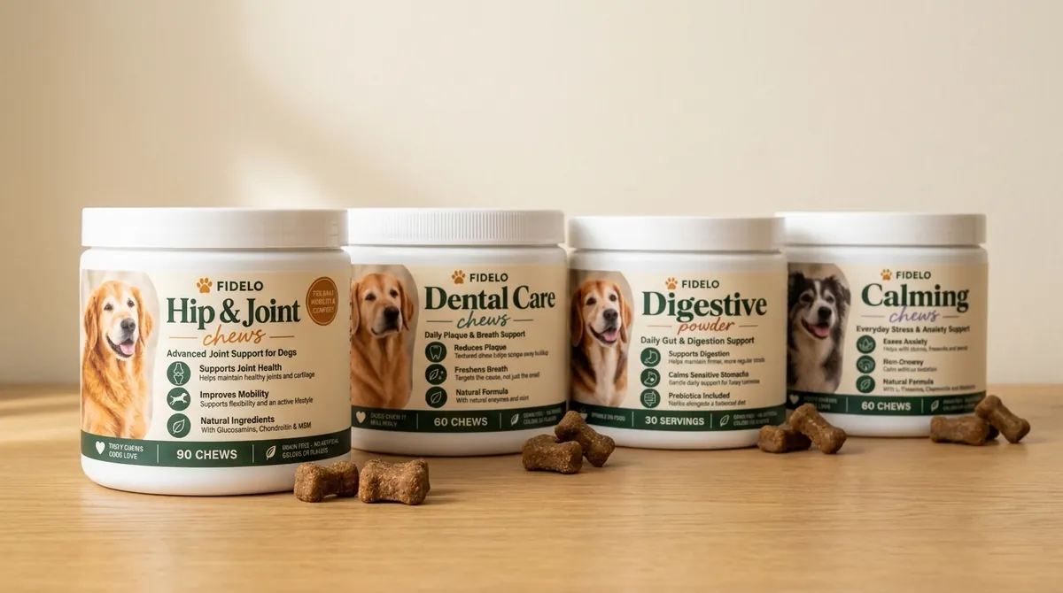 The Fidelo range: Hip & Joint Chews, Dental Care Chews, Digestive Powder and Calming Chews