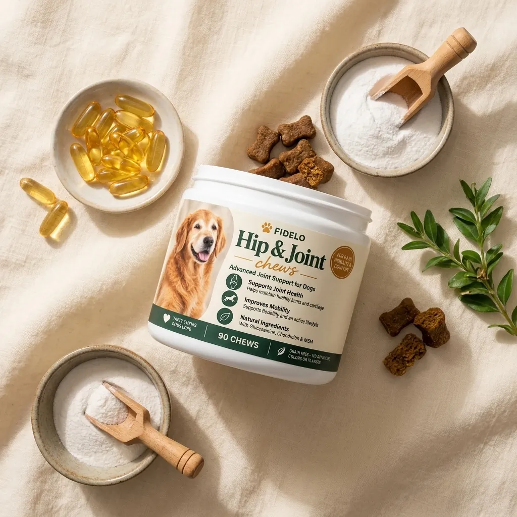 Fidelo Hip & Joint Chews with fish-oil capsules and glucosamine powder