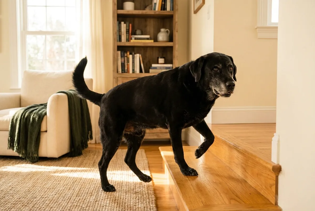 A senior black Labrador confidently climbing the stairs at home