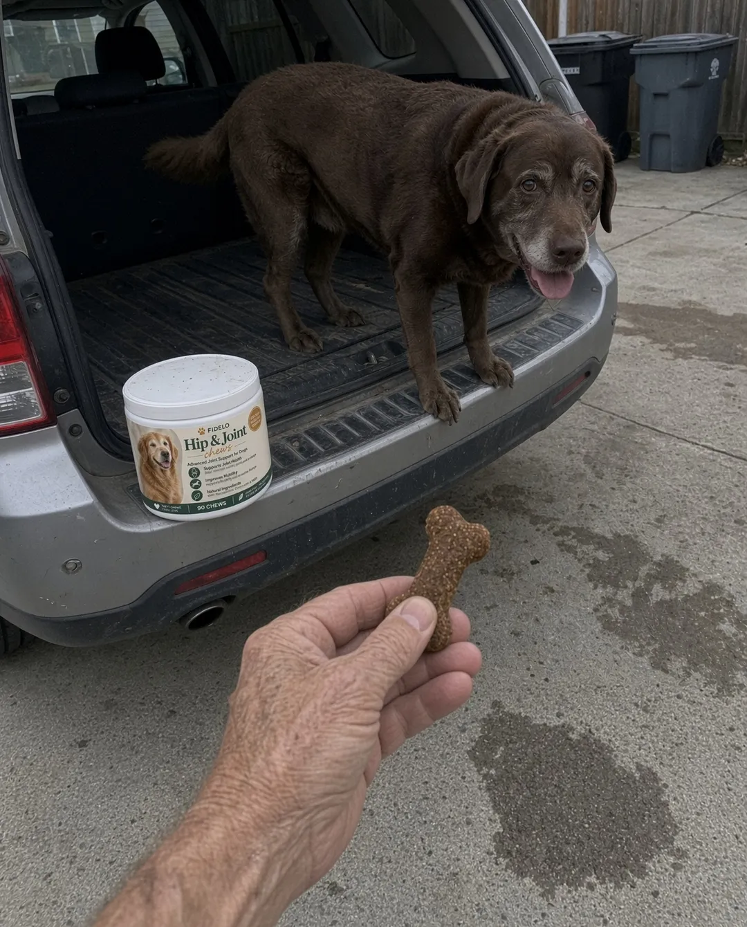 Rocky, Michael's Labrador, at the back of the SUV with a tub of Fidelo chews