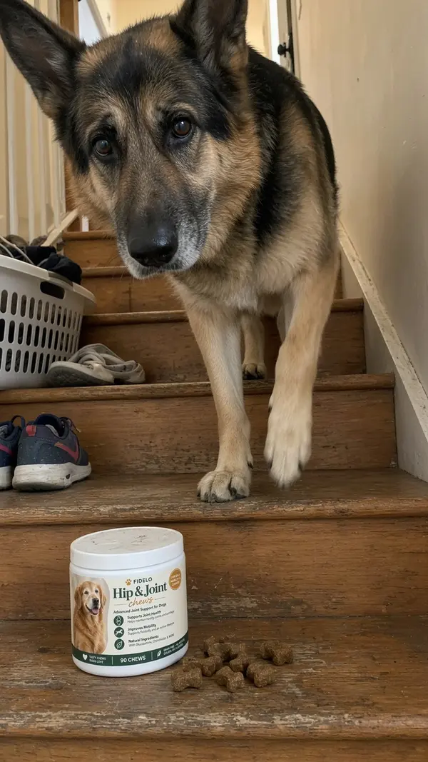 Charlie, Robert's German Shepherd, on the stairs with a tub of Fidelo chews